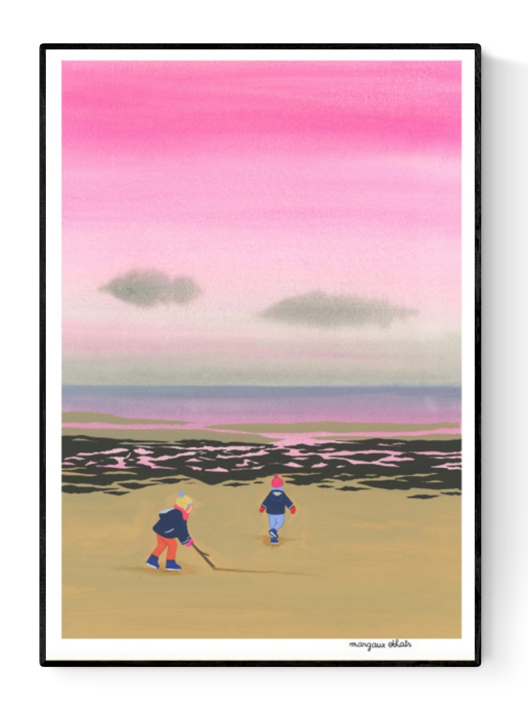 Fin Août art print by Margaux Othats featuring two children walking on a beach under a dreamy pink sunset sky – nostalgic limited edition risograph illustration perfect for coastal, kids, and poetic wall decor.