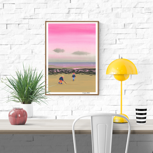 Fin Août art print by Margaux Othats featuring two children walking on a beach under a dreamy pink sunset sky – nostalgic limited edition risograph illustration perfect for coastal, kids, and poetic wall decor.