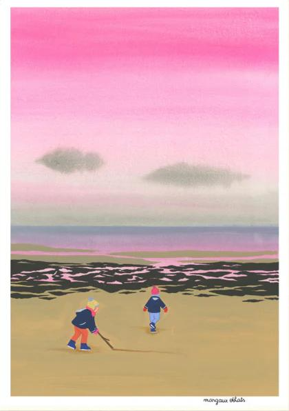 A3 risograph art print “Fin Août” by Margaux Othats, soft illustration of a quiet beach scene at the end of summer, poetic contemporary wall art.