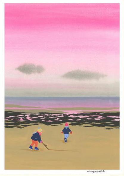 A3 risograph art print “Fin Août” by Margaux Othats, soft illustration of a quiet beach scene at the end of summer, poetic contemporary wall art.