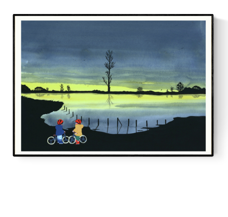 Illustration titled "Les Deux Vélos" by French artist Margaux Othats – limited edition A3 risograph art print featuring two children with bicycles overlooking a peaceful lake at sunset, surrounded by a quiet landscape and dramatic twilight sky, printed on Munken white paper in France.