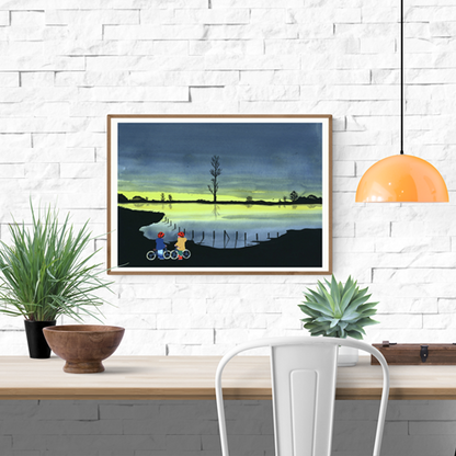 Illustration titled "Les Deux Vélos" by French artist Margaux Othats – limited edition A3 risograph art print featuring two children with bicycles overlooking a peaceful lake at sunset, surrounded by a quiet landscape and dramatic twilight sky, printed on Munken white paper in France.