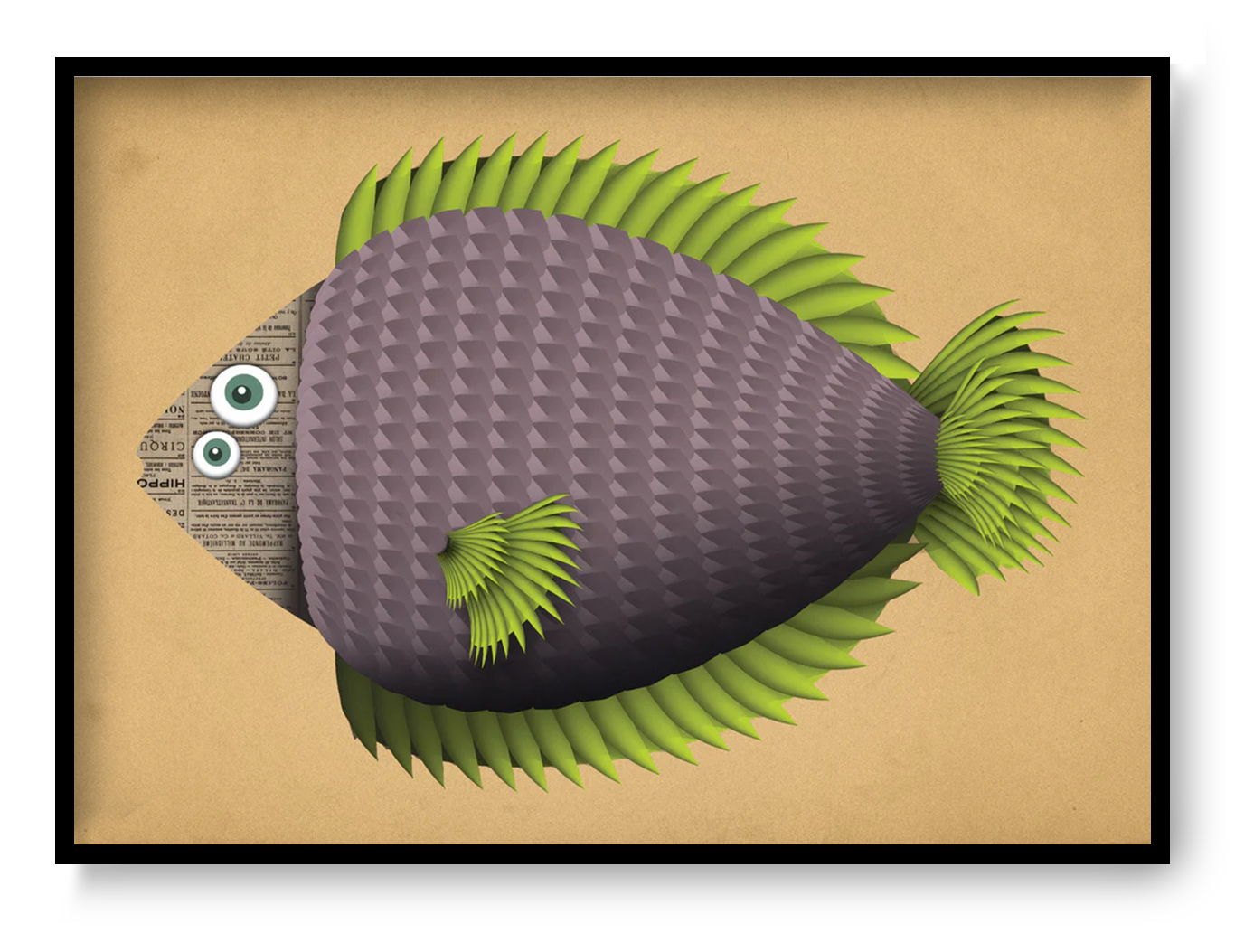 Colorful fish illustration art print Margot Fish by Studio Frits showing a textured purple fish with bright green fins on a warm background.
