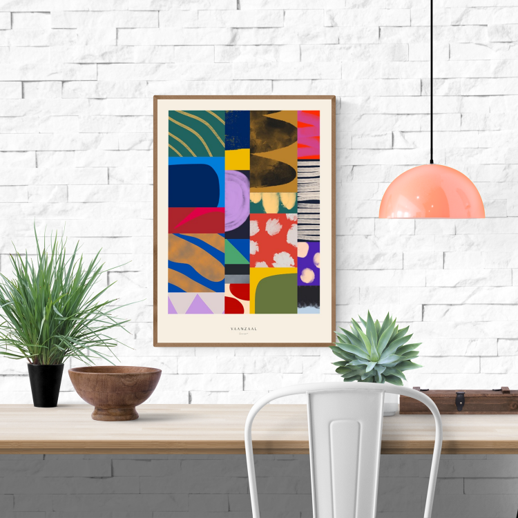 Colorful abstract art print titled ‘Collage’ by Marin Vaan Zaal, featuring bold geometric shapes and expressive textures in a modern patchwork composition. Contemporary wall art perfect for eclectic interiors and design lovers. Available at Galerie Frits