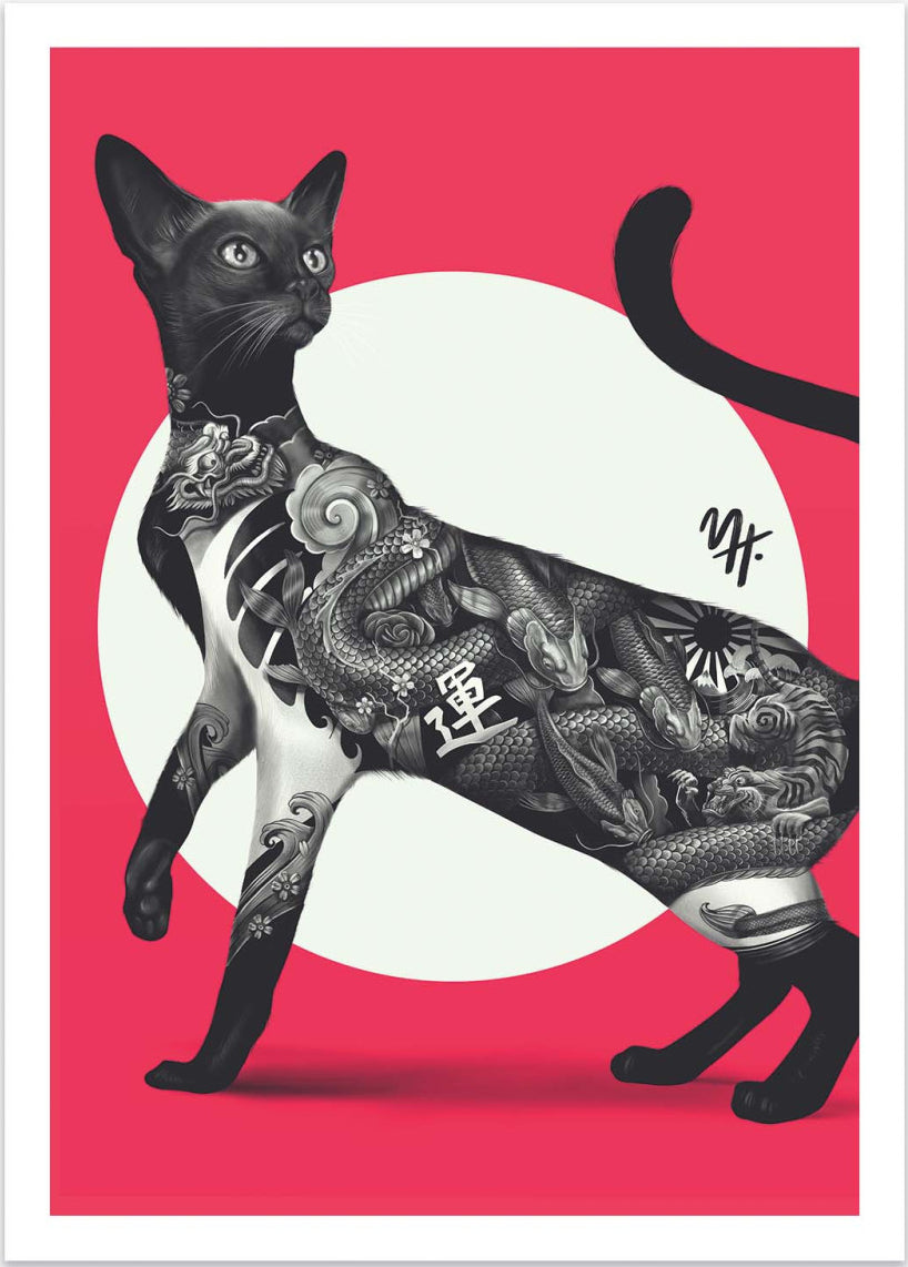 Japanese Cat Tattoo Red by Mark Harrison – 30x40 cm art print featuring a black cat with detailed Japanese irezumi tattoos on its body, set against a red and white graphic background. Striking modern wall art for cat lovers and tattoo enthusiasts.