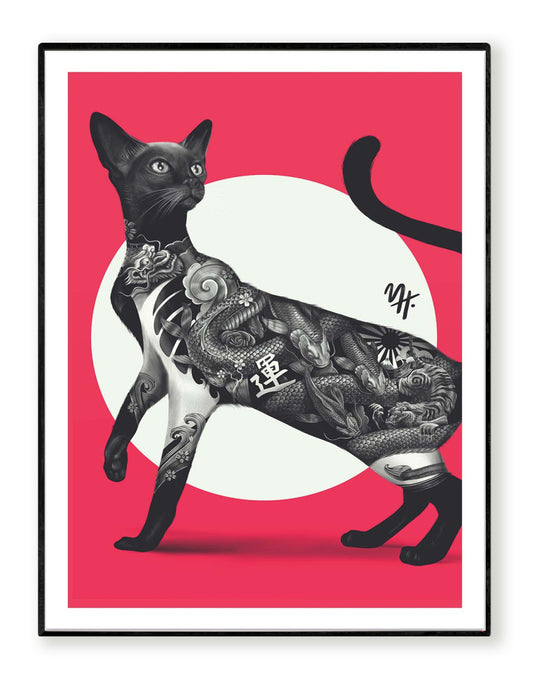Japanese Cat Tattoo Red by Mark Harrison – 30x40 cm art print featuring a black cat with detailed Japanese irezumi tattoos on its body, set against a red and white graphic background. Striking modern wall art for cat lovers and tattoo enthusiasts.