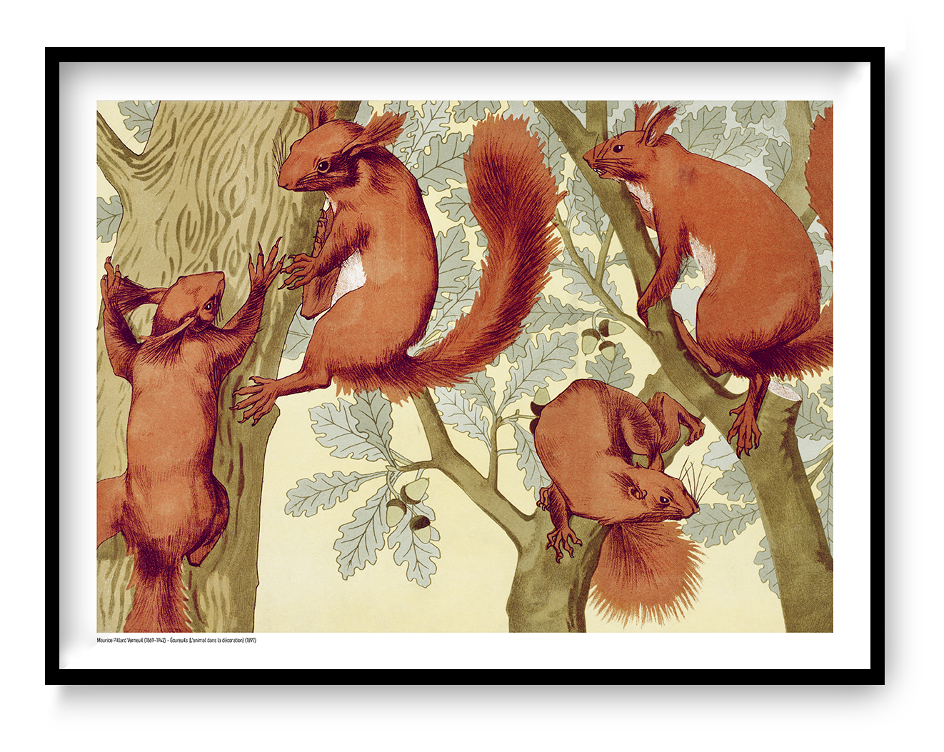 Horizontal Art Nouveau illustration of four red squirrels climbing oak trees, rendered in warm orange, cream and muted green tones. A decorative digital art print for living rooms, studies and nature-inspired walls.