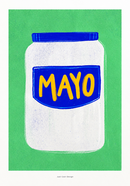 Minimalist illustration of a mayonnaise jar with a blue label and yellow lettering on a bright green background. Contemporary giclée art print in portrait format, ideal for kitchen wall decor and modern interiors.