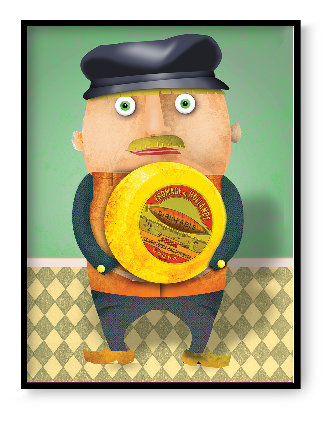 Meneer Van Oranje art print by Studio Frits featuring a quirky character holding a wheel of Gouda cheese in playful Dutch inspired illustration