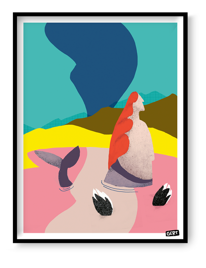 Mermaids 2 by Gert Paenen, colourful contemporary digital art print featuring a stylised mermaid with flowing red hair in a surreal coastal landscape with bright pink water, yellow dunes, blue sky, and modern abstract graphic shapes, printed on premium 300 g/m² paper.