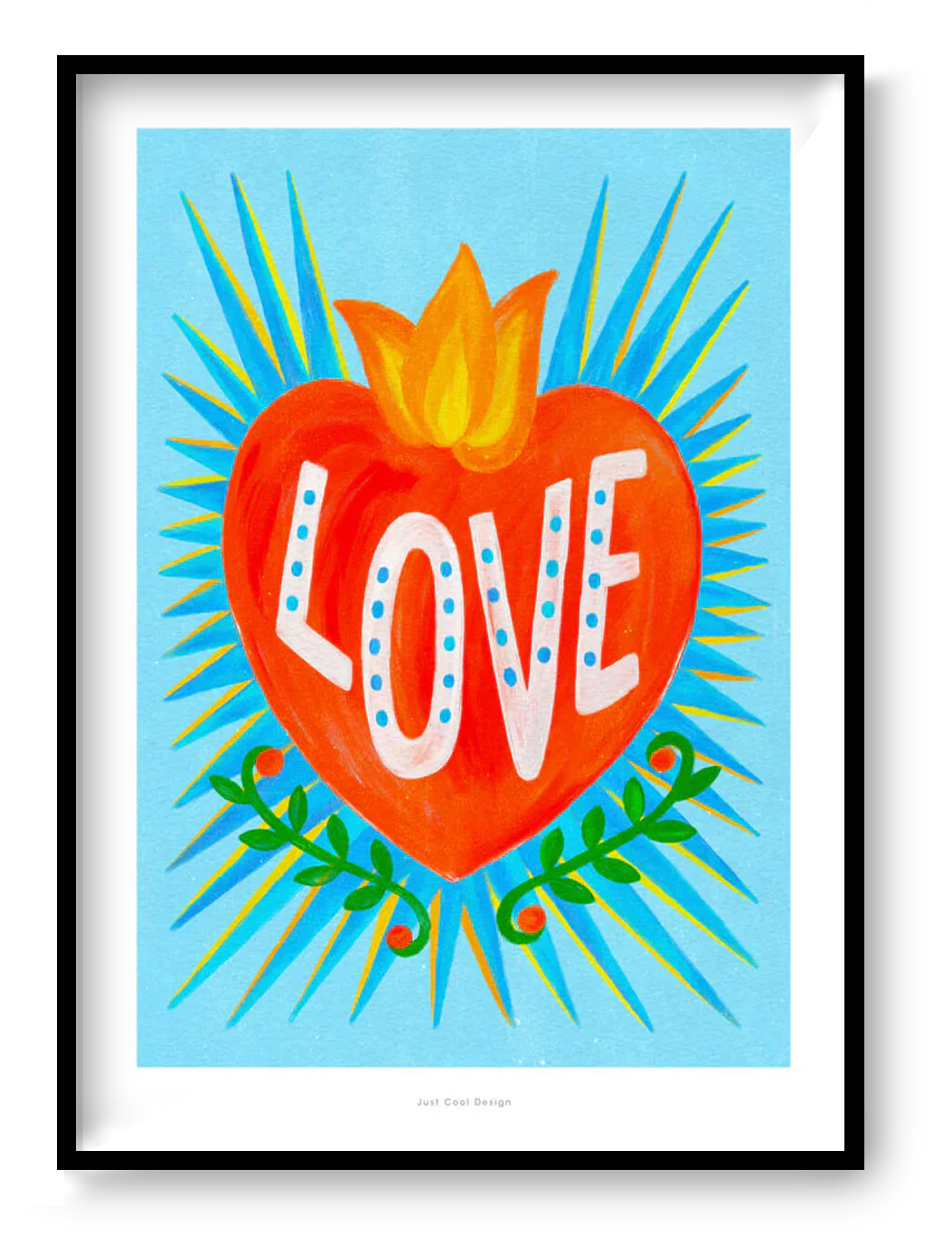 Mexican Folk LOVE Heart art print by Just Cool Design featuring a bright red heart with the word love in colorful folk art style on blue background