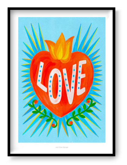 Mexican Folk LOVE Heart art print by Just Cool Design featuring a bright red heart with the word love in colorful folk art style on blue background