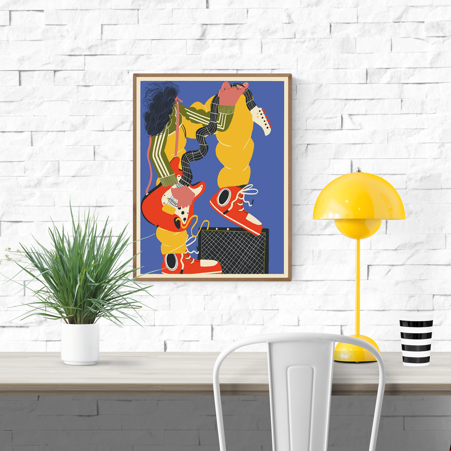 Bold 30x40 cm Giclée print by Spanish artist Miguel Manich – colorful illustration of a musician playing bass guitar with oversized shoes, curly hair, and vibrant details – printed on 190 gsm enhanced matte paper, perfect for music lovers and modern interiors.