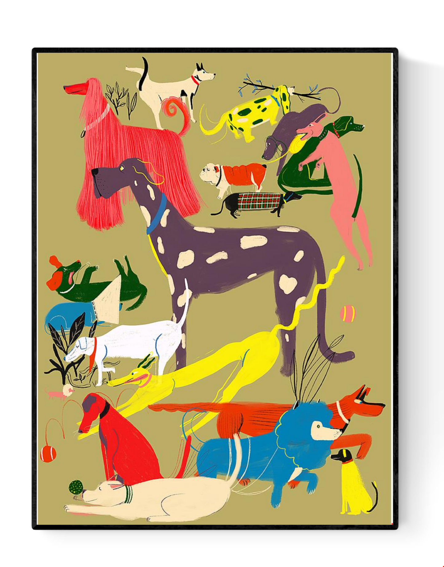 Colourful Giclée art print by Miguel Manich featuring a playful group of dogs in various shapes, colours and sizes, printed on high-quality matte paper, signed by the artist.