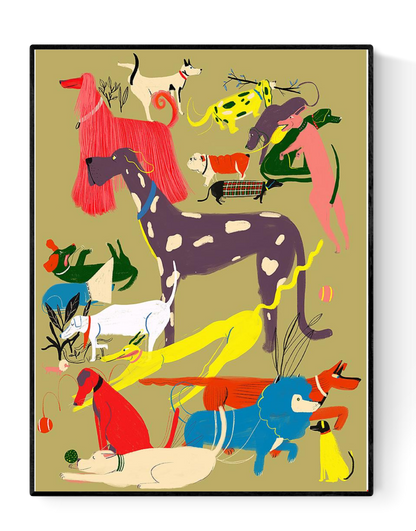 Colourful Giclée art print by Miguel Manich featuring a playful group of dogs in various shapes, colours and sizes, printed on high-quality matte paper, signed by the artist.