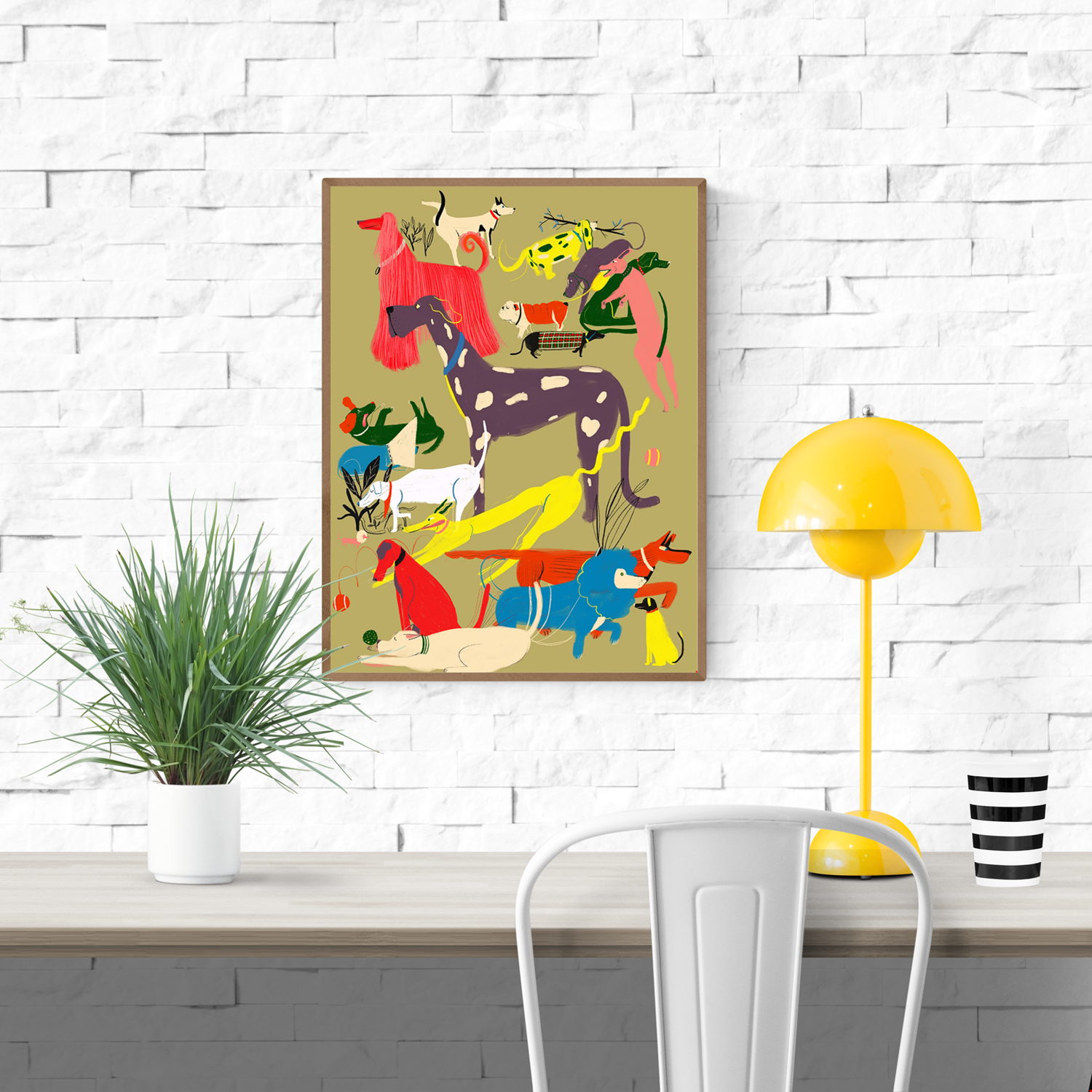 Colourful Giclée art print by Miguel Manich featuring a playful group of dogs in various shapes, colours and sizes, printed on high-quality matte paper, signed by the artist.