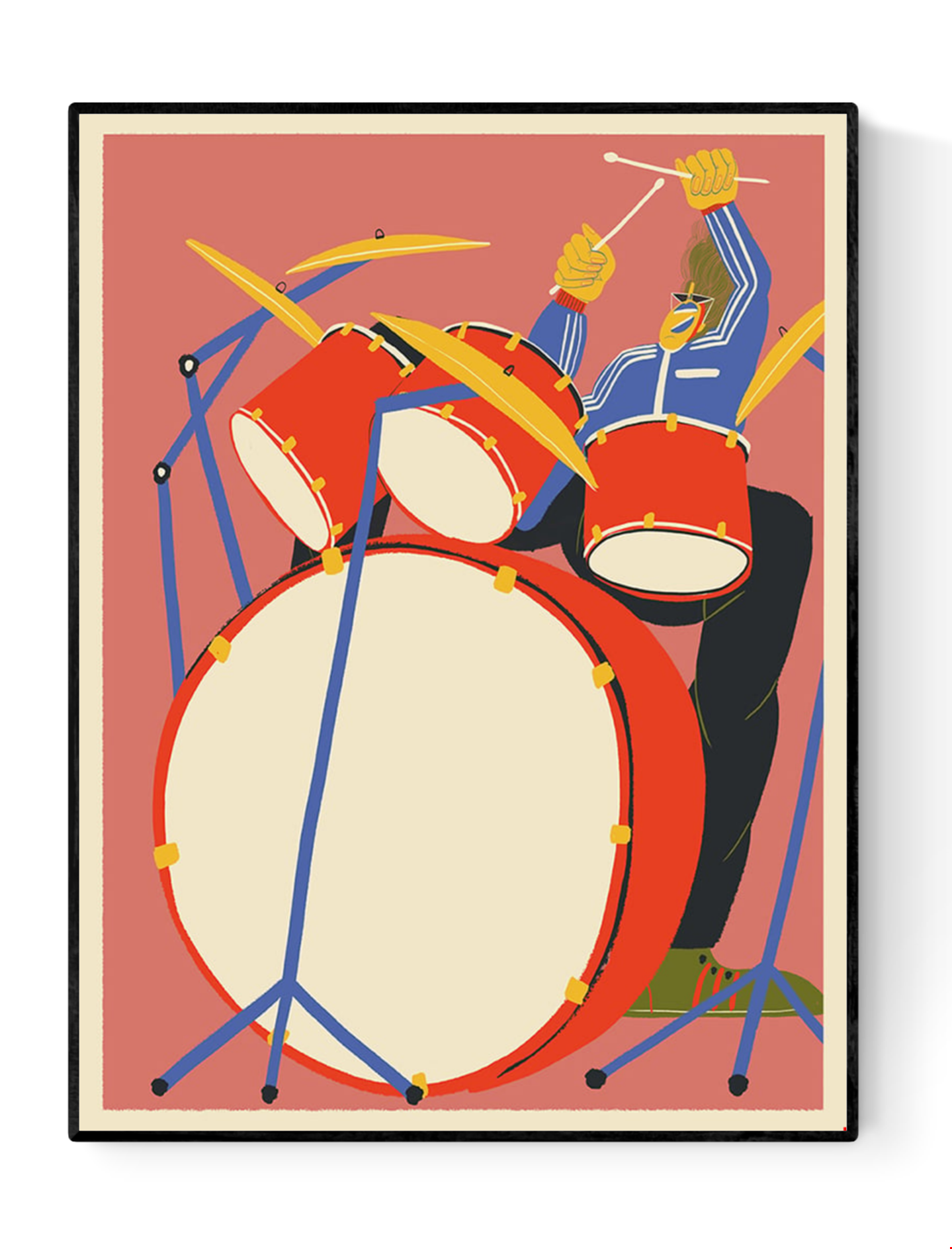 Giclée art print by Miguel Manich showing a dynamic drummer playing a vibrant red drum set, illustrated in bold colours with modern, playful lines — ideal for music lovers and creative interiors.