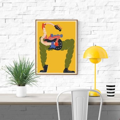Colorful art print by Miguel Manich showing a surreal figure with braided green legs, dynamic red arms, and a bold electric guitar — a playful, modern tribute to music and rock culture.