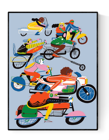 Colorful giclée art print by Miguel Manich featuring dynamic women riding motorcycles in vivid pink, yellow, green, and blue tones on a soft blue background, celebrating speed and freedom.