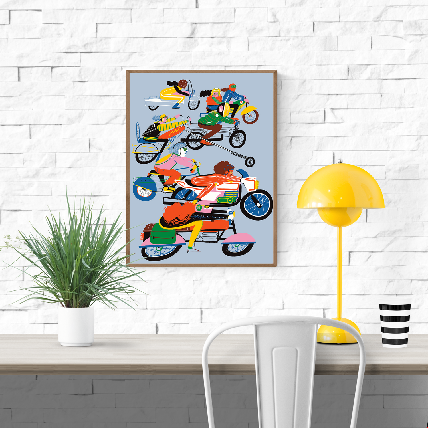 Colorful giclée art print by Miguel Manich featuring dynamic women riding motorcycles in vivid pink, yellow, green, and blue tones on a soft blue background, celebrating speed and freedom.