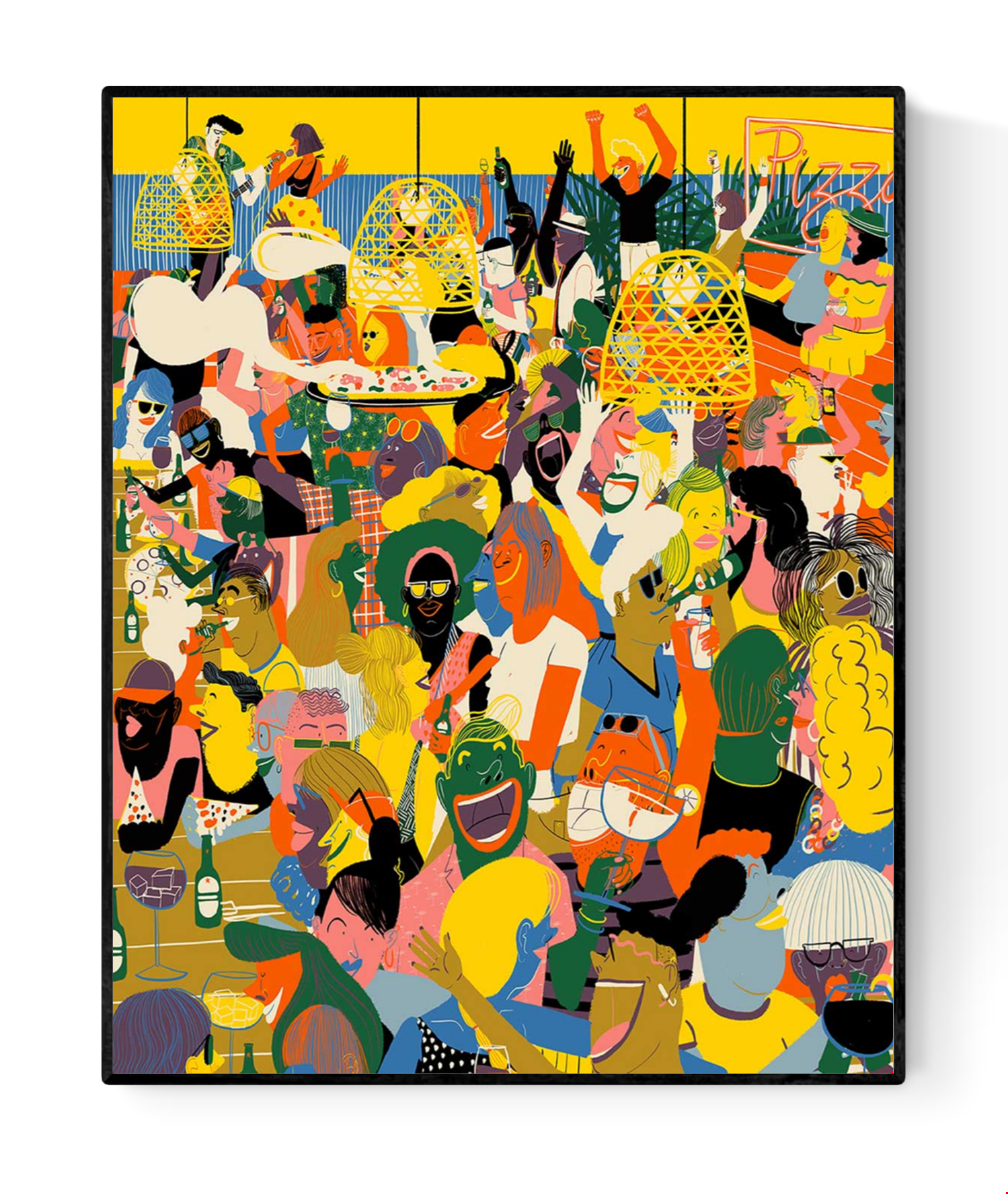 Colorful giclée print by Spanish illustrator Miguel Manich showing a packed party scene with dancing, cocktails, and neon lights, illustrated in bold graphic style with vibrant yellow, red, and green tones.