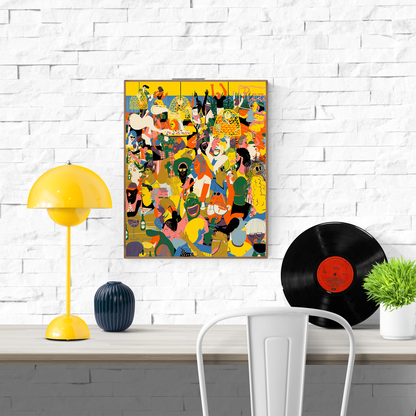 Colorful giclée print by Spanish illustrator Miguel Manich showing a packed party scene with dancing, cocktails, and neon lights, illustrated in bold graphic style with vibrant yellow, red, and green tones.