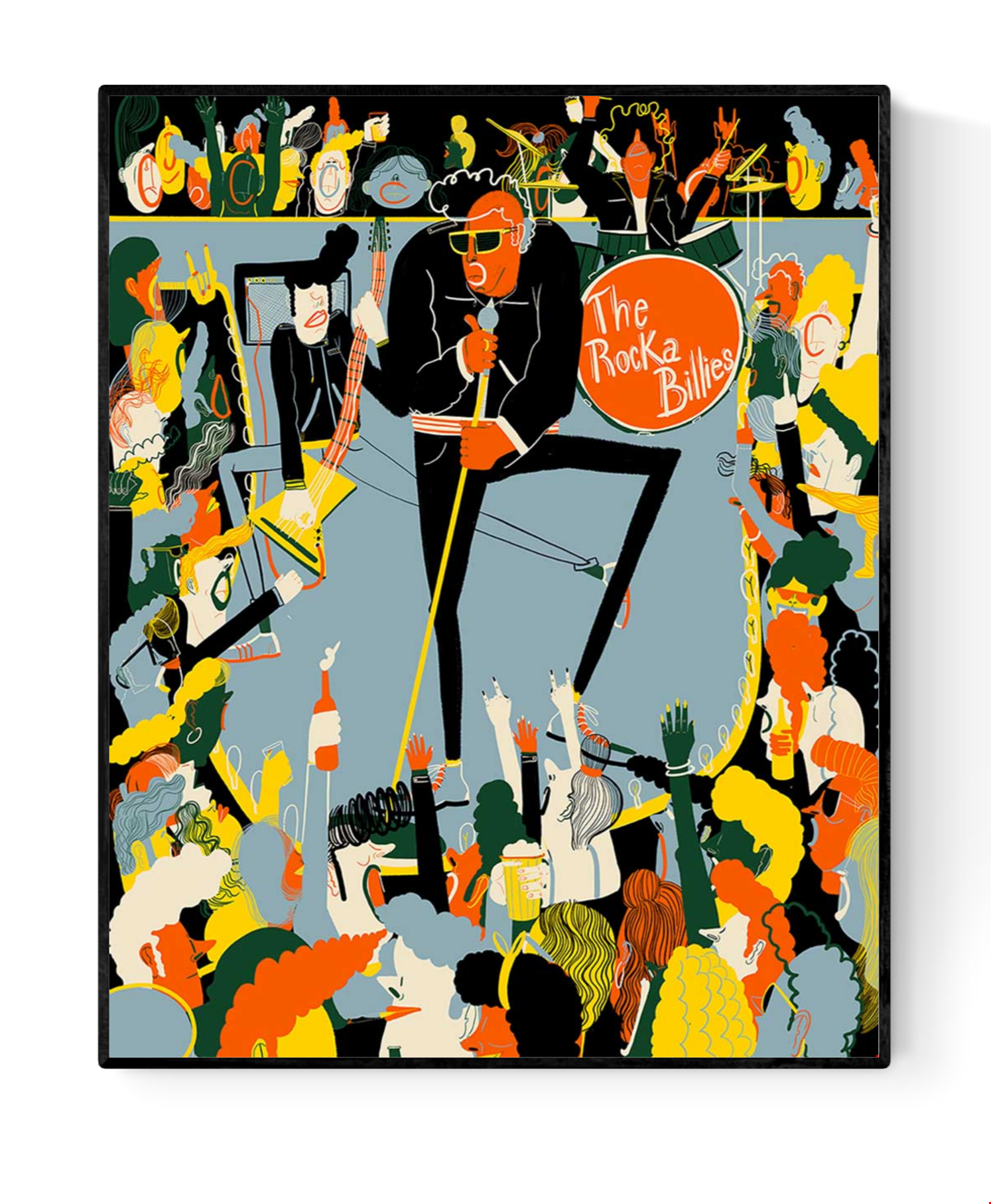 Colorful giclée print by Spanish illustrator Miguel Manich titled “The Rockabillies,” featuring an energetic rock band and a lively dancing crowd in vivid tones, 40x50 cm.