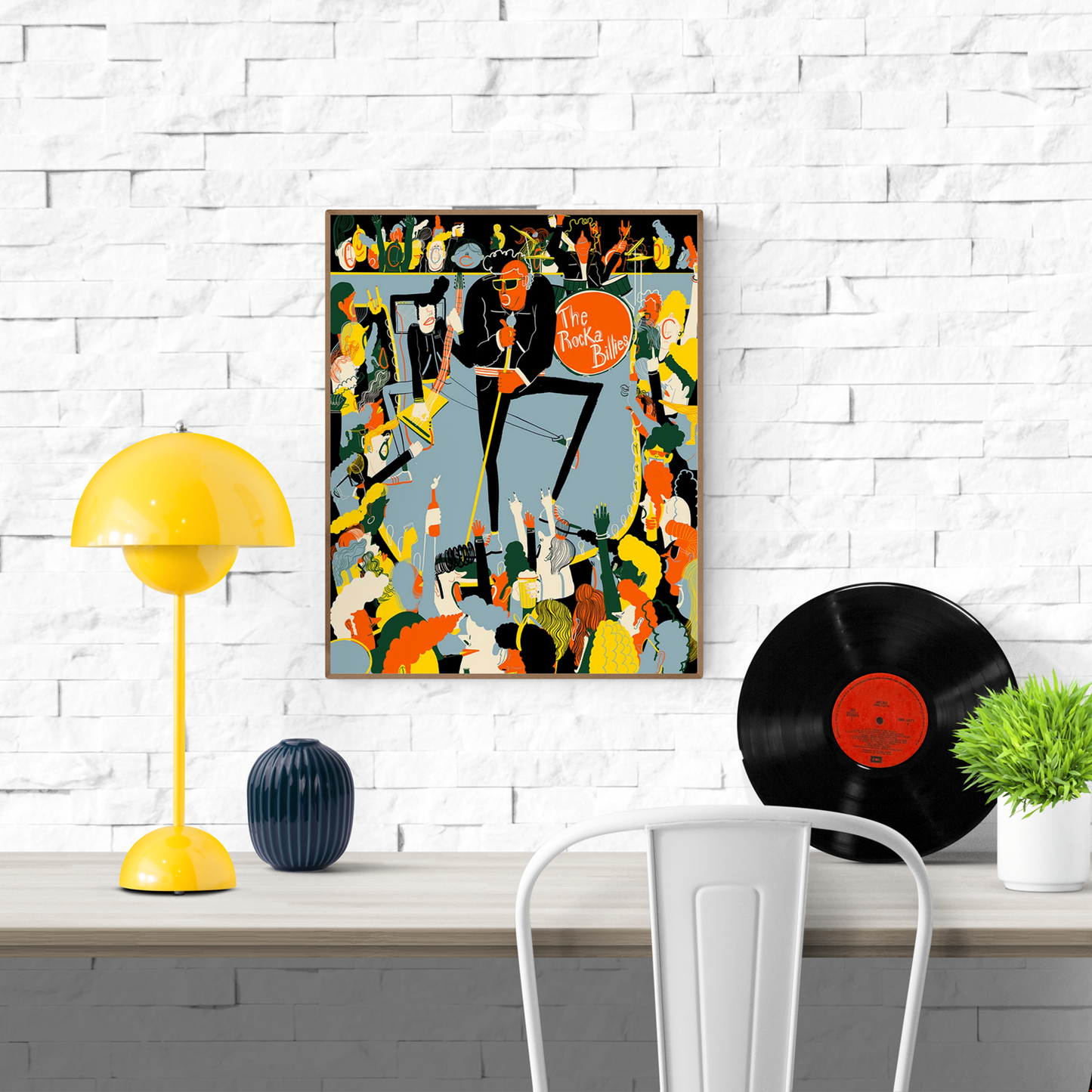 Colorful giclée print by Spanish illustrator Miguel Manich titled “The Rockabillies,” featuring an energetic rock band and a lively dancing crowd in vivid tones, 40x50 cm.