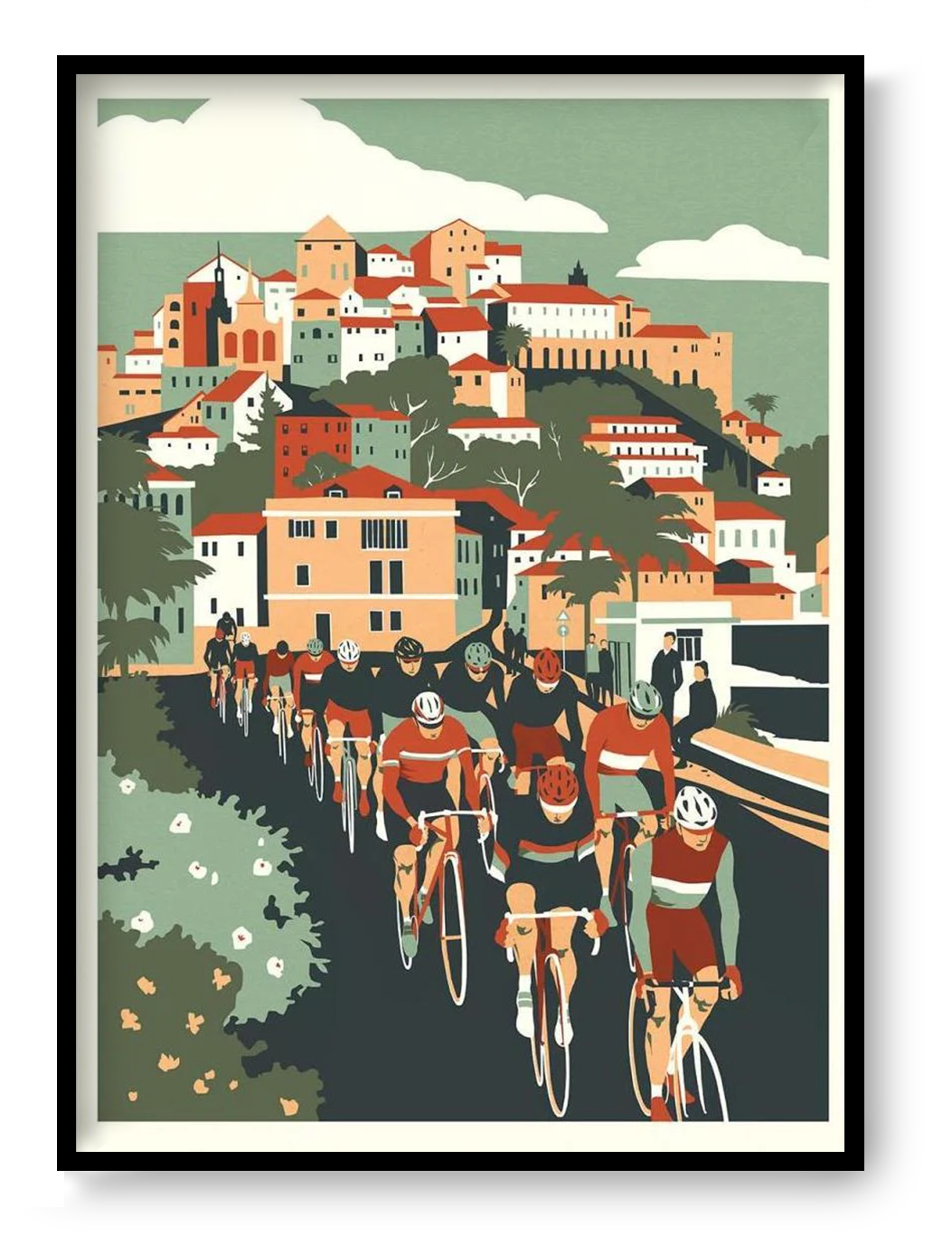 Milan San Remo cycling poster by Eliza Southwood showing professional cyclists riding through Italian coastal town in vintage style sports wall art
