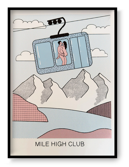 Mile High Club screen print by Studio Stoutpoep showing humorous cable car scene with couple in mountains, bold pop art illustration wall art