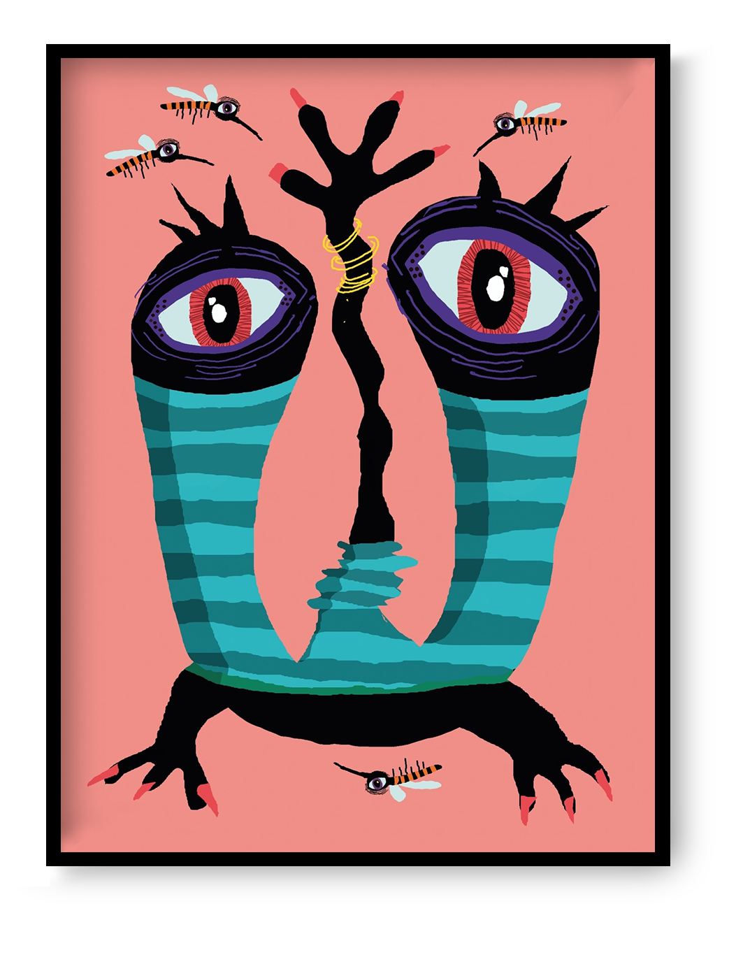 Milton Coldwell monster art print by Studio Frits featuring quirky colorful creature with large eyes and striped body in playful contemporary illustration style