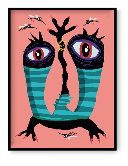 Milton Coldwell monster art print by Studio Frits featuring quirky colorful creature with large eyes and striped body in playful contemporary illustration style