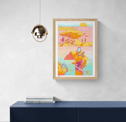 AOÛT 99 by Camille Berniard – limited edition 4-color risograph art print in warm pink, orange, and turquoise tones, depicting sunlit coastal scenes with figures and a deckchair. A nostalgic summer artwork on Munken Print White paper, signed and numbered by the French artist