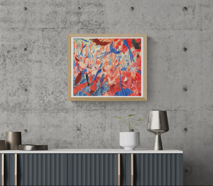 Colorful bird illustration art print by Rosalien Helsen featuring blue and red birds in a surreal aviary landscape with hidden characters, acrylic textures, and digital collage details on Hahnemühle fine art paper.