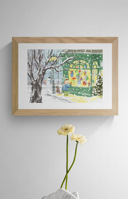 Winter-themed Giclée print by Belgian illustrator Willy Leung – charming A4 art print of a snowy street with a child admiring colorful birdhouses in a shop window – printed with archival pigment inks on 308 gsm Hahnemühle fine art paper.