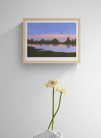 France by Linde Raats, horizontal giclée print of a quiet lake at dusk with violet sky, dark green trees, soft reflections and a red sun, ideal for calm bedroom or living room wall decor.