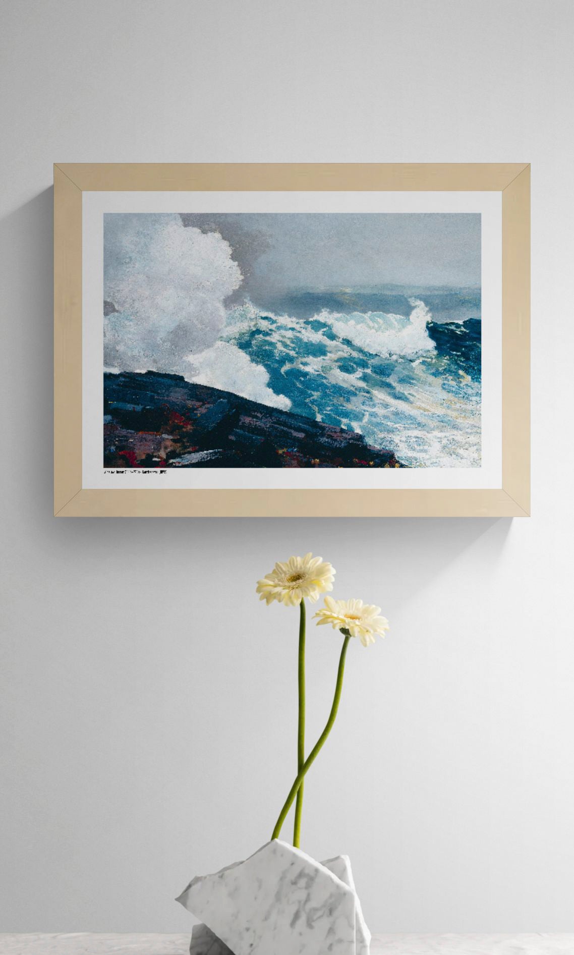 Northeaster by Winslow Homer, horizontal digital art print showing powerful turquoise ocean waves crashing against dark rocks, with white sea foam and a misty blue sky, ideal as coastal wall art.