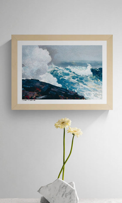 Northeaster by Winslow Homer, horizontal digital art print showing powerful turquoise ocean waves crashing against dark rocks, with white sea foam and a misty blue sky, ideal as coastal wall art.