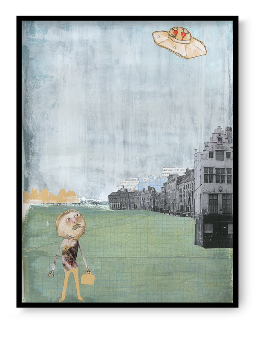 Mister Humprey’s Encounter collage art print by Studio Frits featuring man looking at UFO in surreal vintage city scene storytelling wall art
