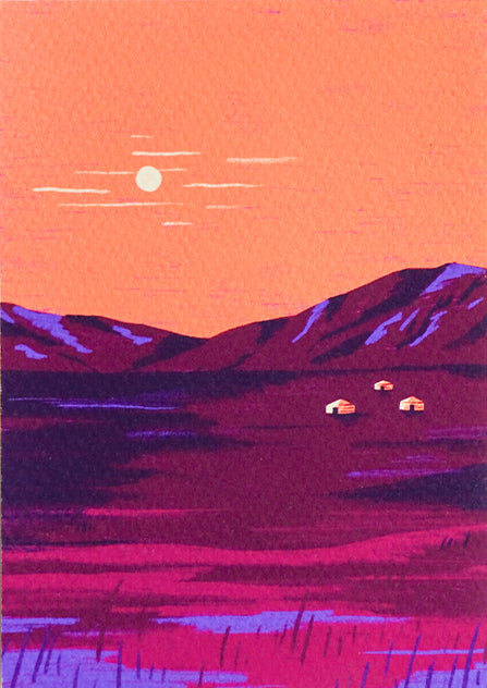 Colorful illustration of the Mongolian landscape at sunset with orange skies, purple mountains, and traditional yurts, created by Belgian illustrator Linde Raats.