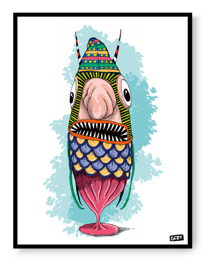 Monster 3 by Gert Paenen, colorful digital art print featuring a whimsical fantasy creature with large eyes, patterned scales, vibrant textures, and playful contemporary illustration style on premium 300 g/m² paper.