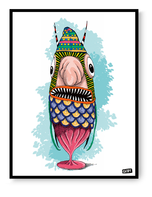 Monster 3 by Gert Paenen, colorful digital art print featuring a whimsical fantasy creature with large eyes, patterned scales, vibrant textures, and playful contemporary illustration style on premium 300 g/m² paper.