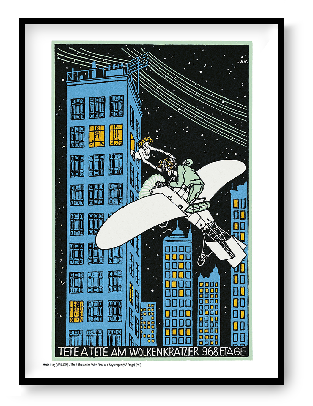 Vertical vintage giclée art print by Moriz Jung showing a man in an aeroplane offering flowers to a woman in a skyscraper, with blue buildings, yellow windows and a black night sky, ideal for playful wall decor.