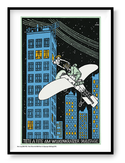 Vertical vintage giclée art print by Moriz Jung showing a man in an aeroplane offering flowers to a woman in a skyscraper, with blue buildings, yellow windows and a black night sky, ideal for playful wall decor.