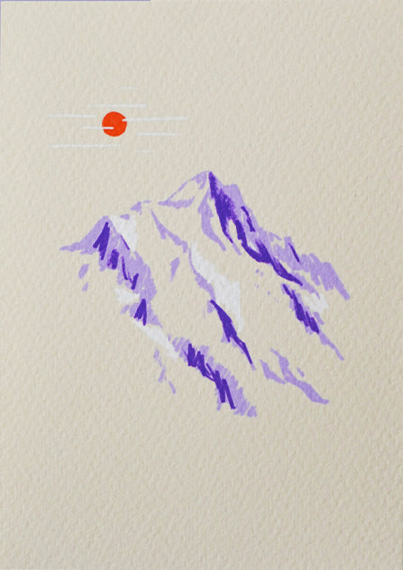 Minimalist illustration of a snow-capped purple mountain under an orange sun – Mountain Sketch by Linde Raats, A6 Giclée art print made in Belgium.
