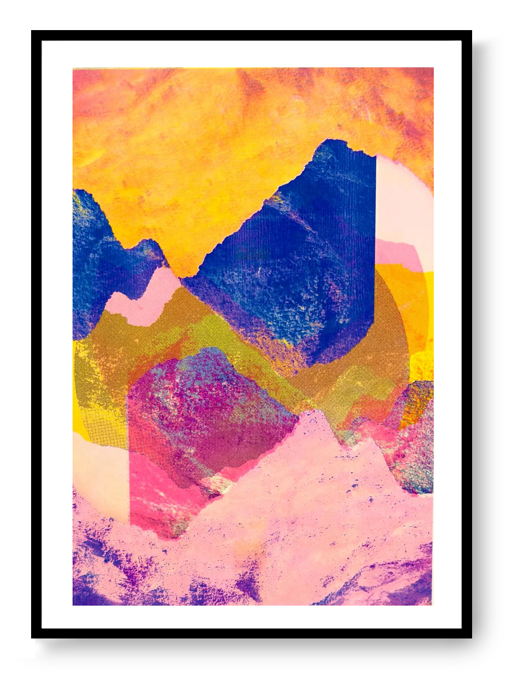 Colourful risograph mountain landscape art print by PTRVRKD, featuring layered abstract shapes in pink, yellow and blue tones; modern vibrant illustration ideal for contemporary home décor and online art buyers in Belgium, Netherlands, France and Germany