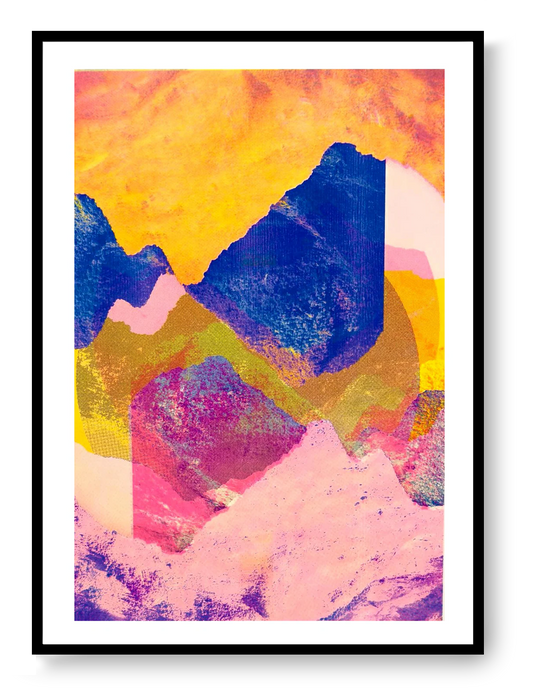 Colourful risograph mountain landscape art print by PTRVRKD, featuring layered abstract shapes in pink, yellow and blue tones; modern vibrant illustration ideal for contemporary home décor and online art buyers in Belgium, Netherlands, France and Germany