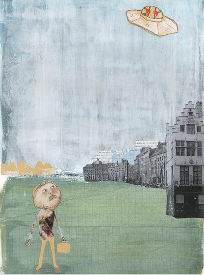 Surreal art print of Mister Humprey standing on a green field under a UFO, with vintage city buildings in the background, illustrated by Studio Frits in collage style. Printed on 300g paper and made in Belgium.