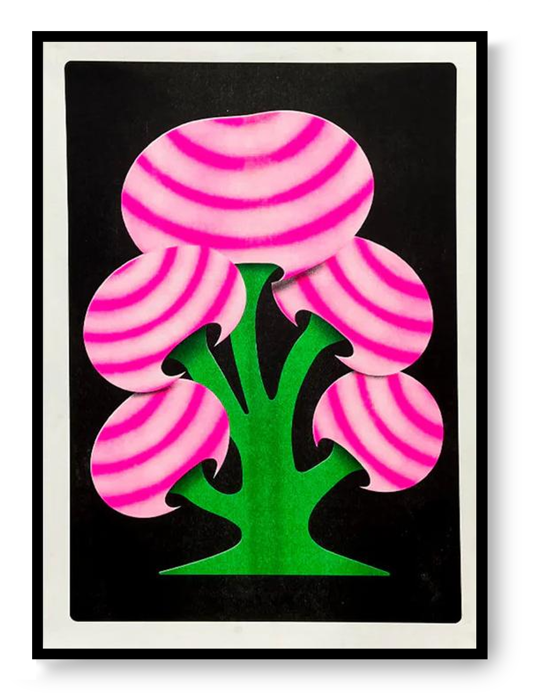 Limited A3 Mushroom risograph art print by PTRVRKD with neon pink mushroom shapes and green forms on a black background, signed and numbered edition of 6.