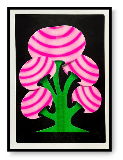 Limited A3 Mushroom risograph art print by PTRVRKD with neon pink mushroom shapes and green forms on a black background, signed and numbered edition of 6.